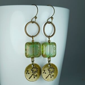 HAND CRAFTED Boho Vintage Green Artisan Glass Brass Dandelion Dangle Earrings